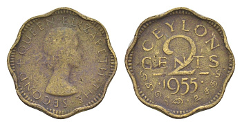 Цейлон 2 цента 1955 Елизавета II KM 124 никель латунь 4649-237