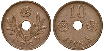 Финляндия 10 пенни 1941 KM 33.1 медь 51-3554