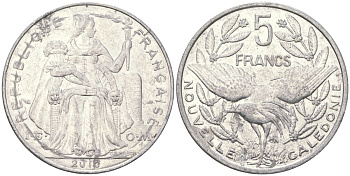 Французская Новая Каледония 5 франков 2010 птица кагу, (IEOM) KM 16, Schoen 12, Lec 81k алюминий 4111-545