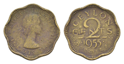 Цейлон 2 цента 1955 Елизавета II KM 124 никель латунь 4649-237
