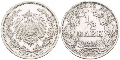 ГЕРМАНИЯ 1/2 МАРКИ 1914 А KM 17 J.16 серебро 4549-769