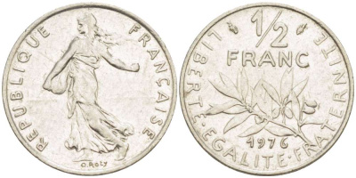 ФРАНЦИЯ 1/2 ФРАНКА 1976 СЕЯТЕЛЬ KM 931.1, LE FRANC 198.15 никель 4519-831