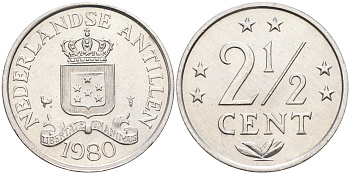 Нидерландские Антилы 2 1/2 цента 1980 Беатрикс (1980-2013) KM 9a алюминий 4177-351