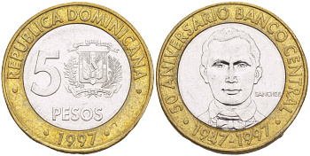 Доминиканская республика 5 песо 1997 50 лет центральному банку KM 88 биметалл 4541-1114