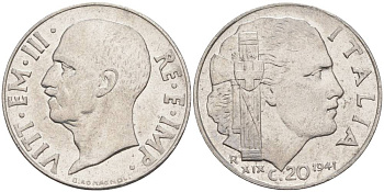 ИТАЛИЯ 20 ЧЕНТЕЗИМО 1941 R, ГОД XIX, ВИКТОР ЭММАНУИЛ III (1900-1946) KM 75b, VEM3. 1028 нержавеющая сталь 3853-626