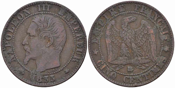 Франция 5 сантимов 1855 BB, Наполеон III (1852-1870) KM 777.3, LE FRANC 116.21 бронза 108-323