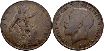 Великобритания 1 пенни 1921 Георг V (1910-1936) KM 810, Spink 4051 бронза 4389-533