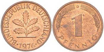 ФРГ 1 пфенниг 1976 D KM 105 сталь плакированная медью aUNC 4613-1211