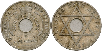 Британская Западная Африка 1/2 пенни 1947 H, Георг VI KM 18 медно-никель 25-1054