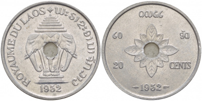 Лаос 20 центов 1952 король Сисаванг Вонг (1904-1959), слоны KM 5 алюминий 4545-443