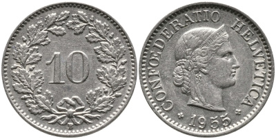 ШВЕЙЦАРИЯ 10 РАППЕНОВ 1955 В KM 27 медно-никель 4539-447