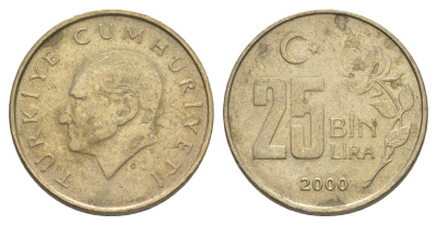 Турция 25000 лир 2000 Кемаль Ататюрк KM 1041 медь цинк никель 4648-922