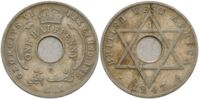 Британская Западная Африка 1/2 пенни 1947 H, Георг VI KM 18 медно-никель 25-1054