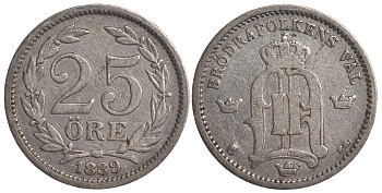 Швеция 25 эре 1889 EB, Оскар II (1872-1907) король Швеции и Норвегии KM 739 серебро 4179-821