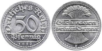 ГЕРМАНИЯ 50 ПФЕННИГОВ 1920 D KM 27, J. 301 алюминий UNC 24-937