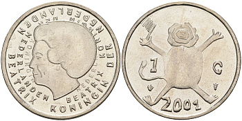 Нидерланды 1 гульден 2001 прощай гульден, детский рисунок, лев с флагом в руках KM 233 никель UNC 4116-122