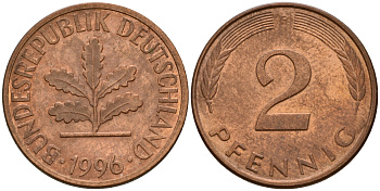 ФРГ 2 пфеннига 1996 F J.381a, KM 106a сталь плакированная медью    4598-939