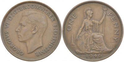 Великобритания 1 пенни 1946 Георг VI (1936-1952) KM 845, Spink 4114 бронза 215-334