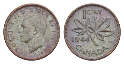Канада 1 цент 1944 Георг VI (1936-1952), кленовый лист KM 32 бронза 4639-258