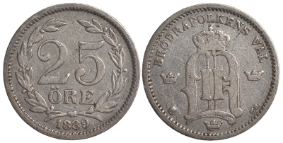 Швеция 25 эре 1889 EB, Оскар II (1872-1907) король Швеции и Норвегии KM 739 серебро 4179-821