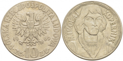 ПОЛЬША 10 ЗЛОТЫХ 1969 MW, НИКОЛАЙ КОПЕРНИК KM 51a медно-никель 4403-615