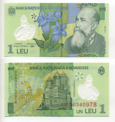 Румыния 1 лей 2005 (2005) Николае Йорга, Успенский собор Pick 117 а пластик UNC (пресс) 7217-8-3