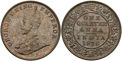 Британская Индия 1/4 анна 1936 Георг V (1910-1936) KM 512 бронза UNC 94-236