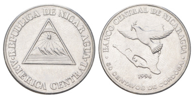 Никарагуа 50 сентаво 1994 голубь мира KM 83 хромированная сталь 4622-1222