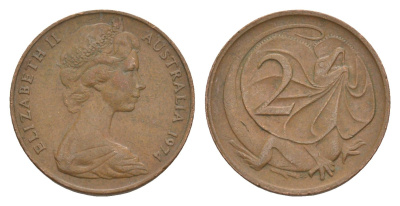 Австралия 2 цента 1974 Елизавета II (1952-2022), плащеносная ящерица KM 63 бронза 4580-955