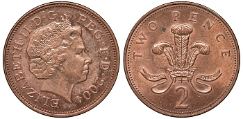 Великобритания 2 пенса 2004 Елизавета II (1952-2022) KM 987, Spink 4690 (C5) сталь плакированная медью UNC 4122-844