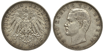 Бавария 3 марки 1909 Отто (1886-1913) Weege 45, J. 47, KM 515 серебро 413-2313