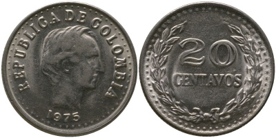 Колумбия 20 сентаво 1976 KM 246.1 сталь плакированная никелем 4529-815