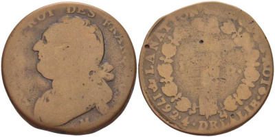 ФРАНЦИЯ 12 ДЕНЬЕ 1792 M, ЛЮДОВИК XVI KM 600.10 бронза 117-846