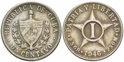 Куба 1 сентаво 1946 звезда, первая Республика (1902-1961) KM 9.2 медно-никель 105-462