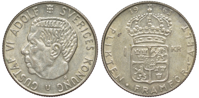 Швеция 1 крона 1963 U, Густав VI Адольф (1950-1973) KM 826 серебро 4178-454