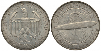 Германия 3 марки 1930 D, полет дирижабля граф Цеппелин J. 342, KM 67 серебро aUNC 00-814-57