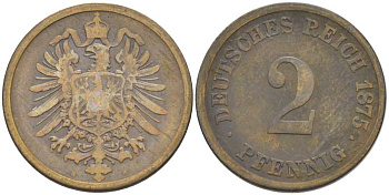 ГЕРМАНИЯ 2 ПФЕННИГА 1875 H, СТАРОГЕРБОВКА KM 2, J. 2, Weege 3 медь 212-522