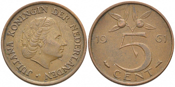 НИДЕРЛАНДЫ 5 ЦЕНТОВ 1961 ЮЛИАНА KM 181 бронза 3856-1232