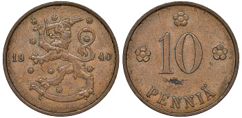Финляндия 10 пенни 1940 республика (1918-1962) KM 24 медь 51-3236