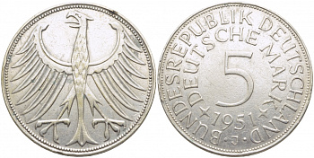 ФРГ 5 марок 1951 J (Гамбург), J. 387, KM 112.1 серебро 111-736