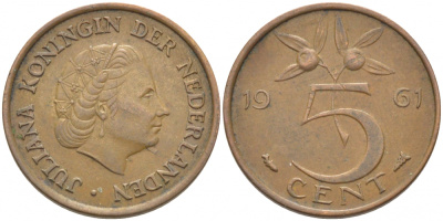 НИДЕРЛАНДЫ 5 ЦЕНТОВ 1961 ЮЛИАНА KM 181 бронза 3856-1232