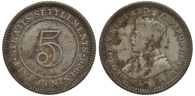 Стрейтс-Сетлментс 5 центов 1926 Георг V (1910-1936) КМ 36 серебро 53-525