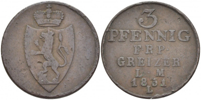 Рейсс-Оберграйц 3 пфеннига 1831 L KM 103 медь 00-00