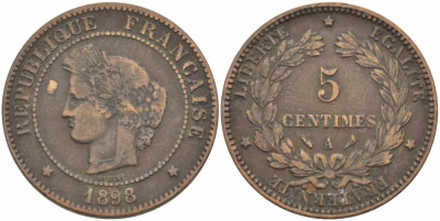ФРАНЦИЯ 5 САНТИМОВ 1898 А, ТРЕТЬЯ РЕСПУБЛИКА (1871-1940) KM 821.1, LE FRANC 118.42 бронза 108-657