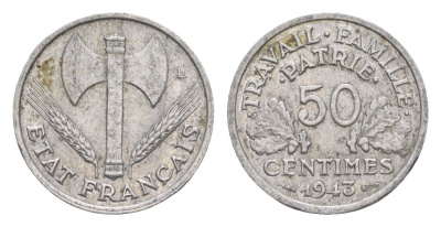 Франция 50 сантимов 1943 KM 914 алюминий 4174-834