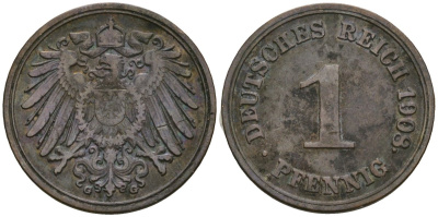 Германия 1 пфенниг 1908 G, Вильгельм II (1888-1918) KM 10, J. 10 медь 4608-239