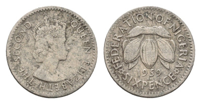 Нигерия 6 пенсов 1959 год-тип KM 4 медно-никель 4674-832