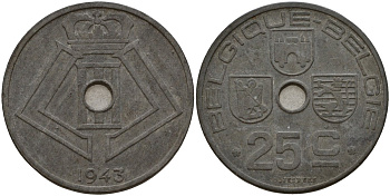 Бельгия 25 сантимов 1943 Belgique - Belgie, Леопольд III (1934-1947), германская оккупация, Вторая мировая война KM 131 цинк 4157-513