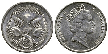 АВСТРАЛИЯ 5 ЦЕНТОВ 1998 ЕЛИЗАВЕТА II, ВТОРОЙ ПОРТРЕТ В КОРОНЕ, ЕХИДНА KM 80 медно-никель 84-912