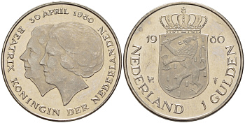 Нидерланды 1 гульден 1980 на коронацию Беатрикс, 30 апреля 1980 KM 200 никель 67-622